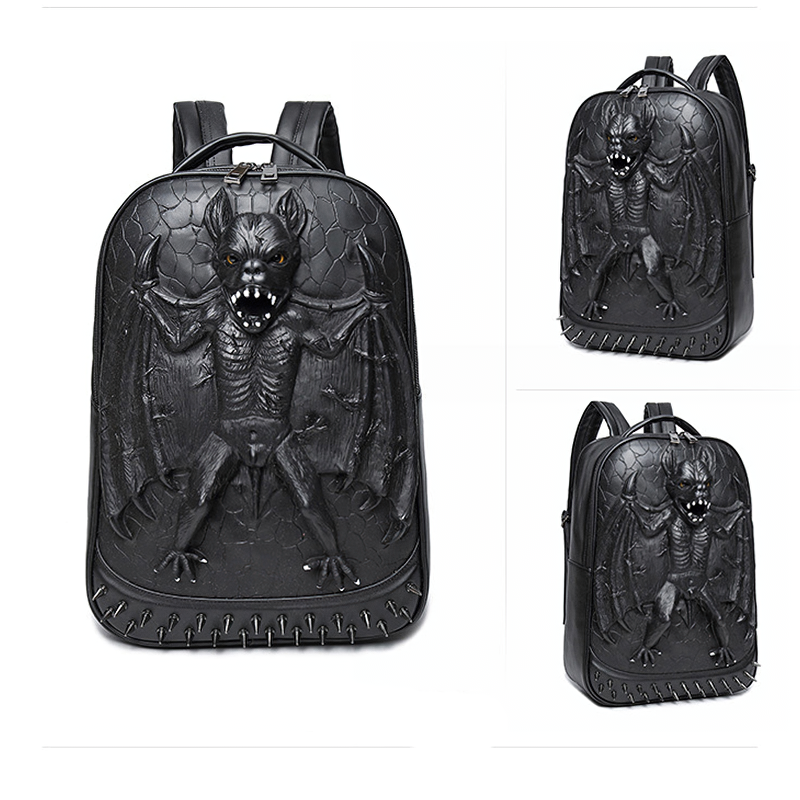 Cool Waterproof Backpack in Rock Style / Solid Zipper Rivet Shoulder Bags with Decorate Bat