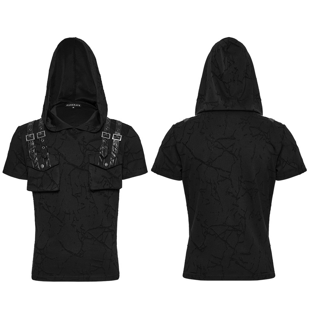 Cracked Texture Hooded Punk T-shirt with Shoulder Straps