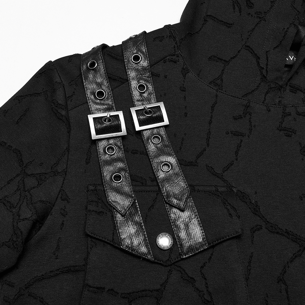 Cracked Texture Hooded Punk T-shirt with Shoulder Straps