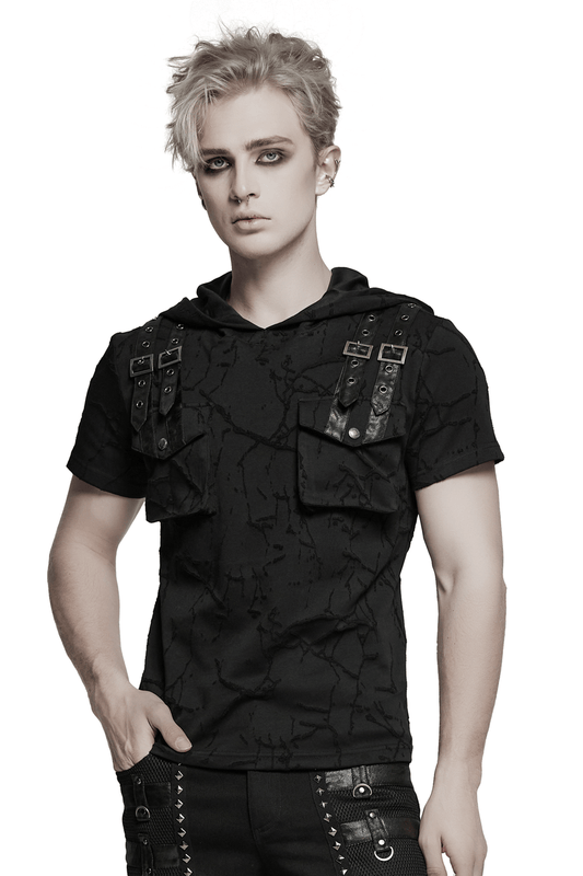Cracked Texture Hooded Punk T-shirt with Shoulder Straps