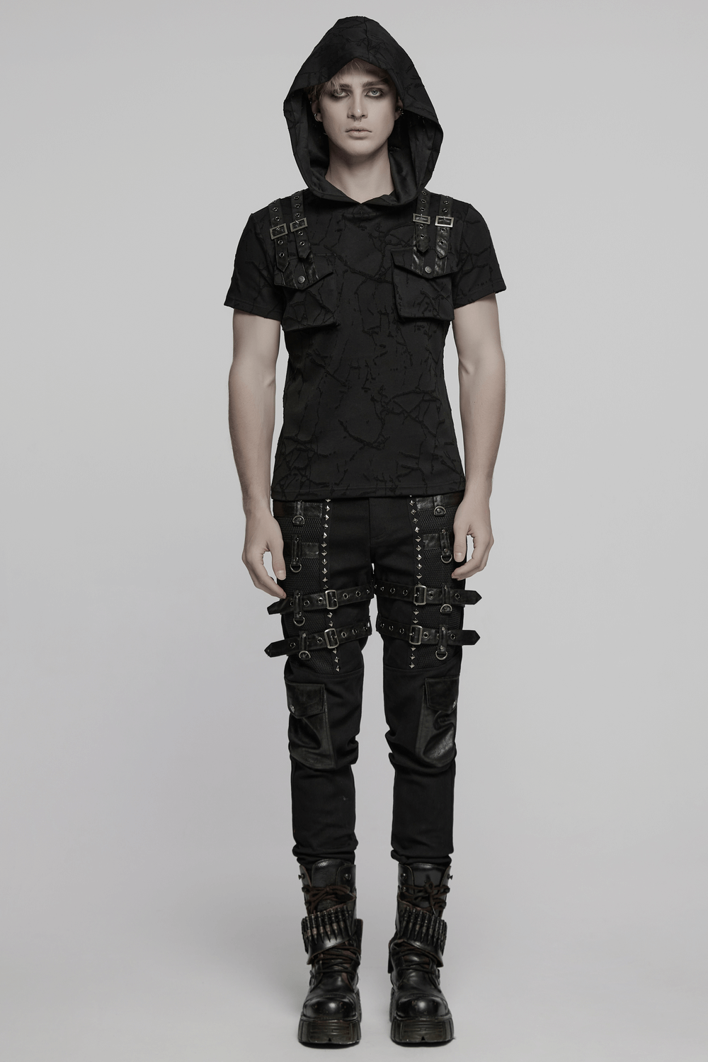 Cracked Texture Hooded Punk T-shirt with Shoulder Straps