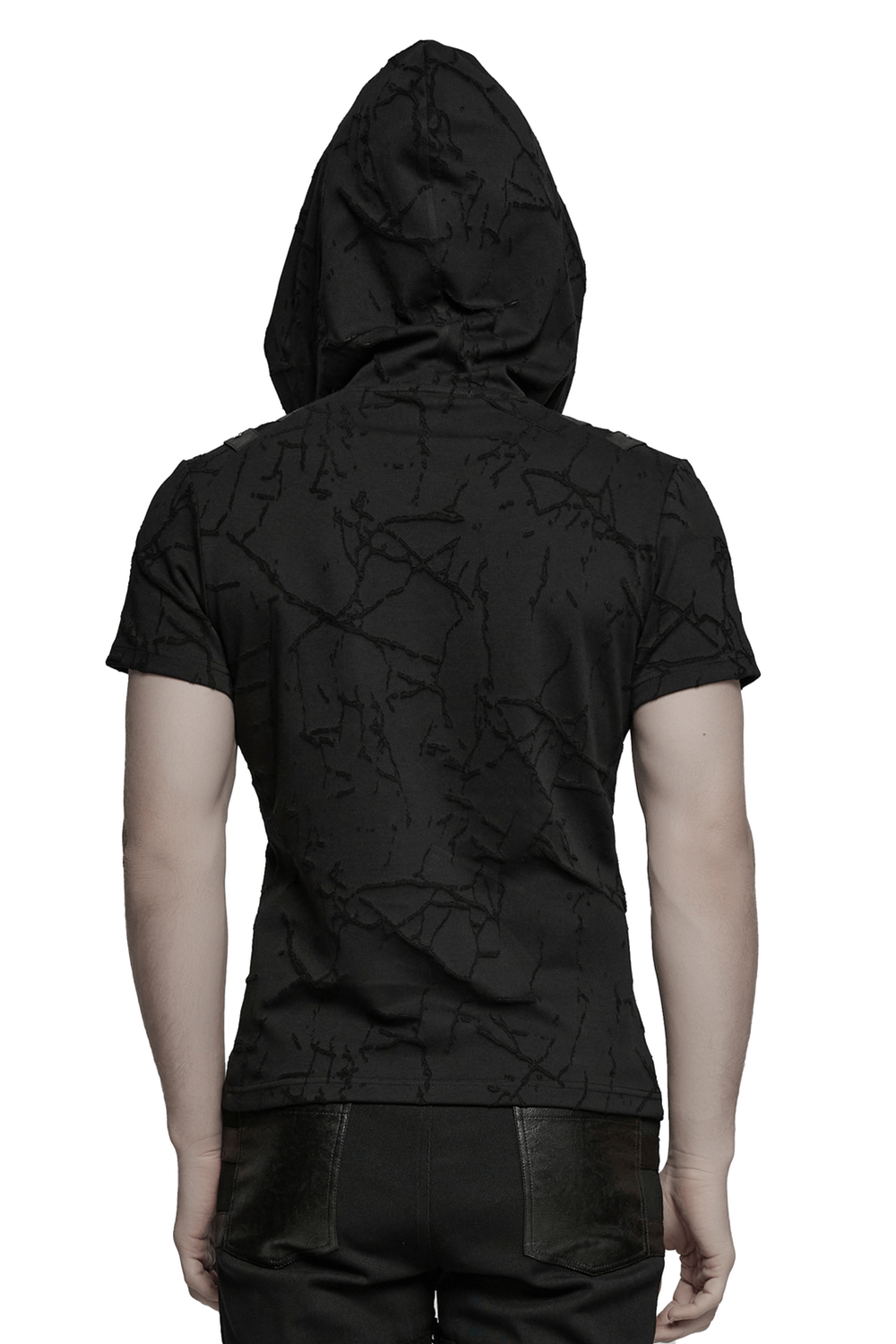 Cracked Texture Hooded Punk T-shirt with Shoulder Straps