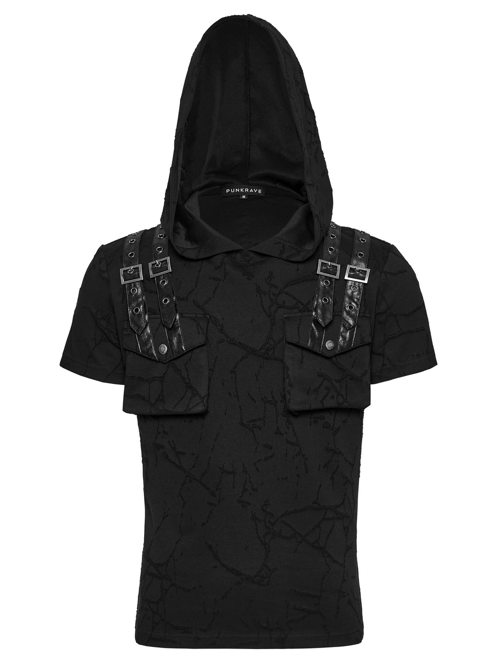 Cracked Texture Hooded Punk T-shirt with Shoulder Straps