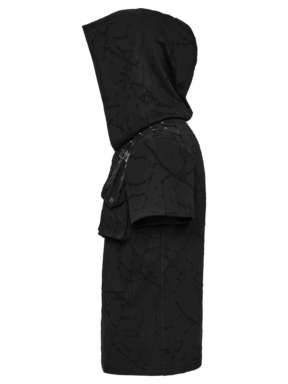 Cracked Texture Hooded Punk T-shirt with Shoulder Straps