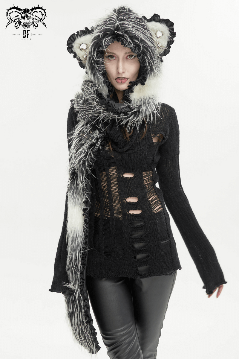 Cute Gray Animal Ear Flap Hat with Paws Gloves / Warm Faux Fur Hood with Rivets