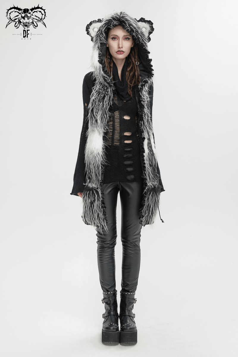 Cute Gray Animal Ear Flap Hat with Paws Gloves / Warm Faux Fur Hood with Rivets