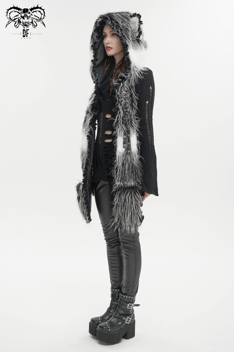 Cute Gray Animal Ear Flap Hat with Paws Gloves / Warm Faux Fur Hood with Rivets