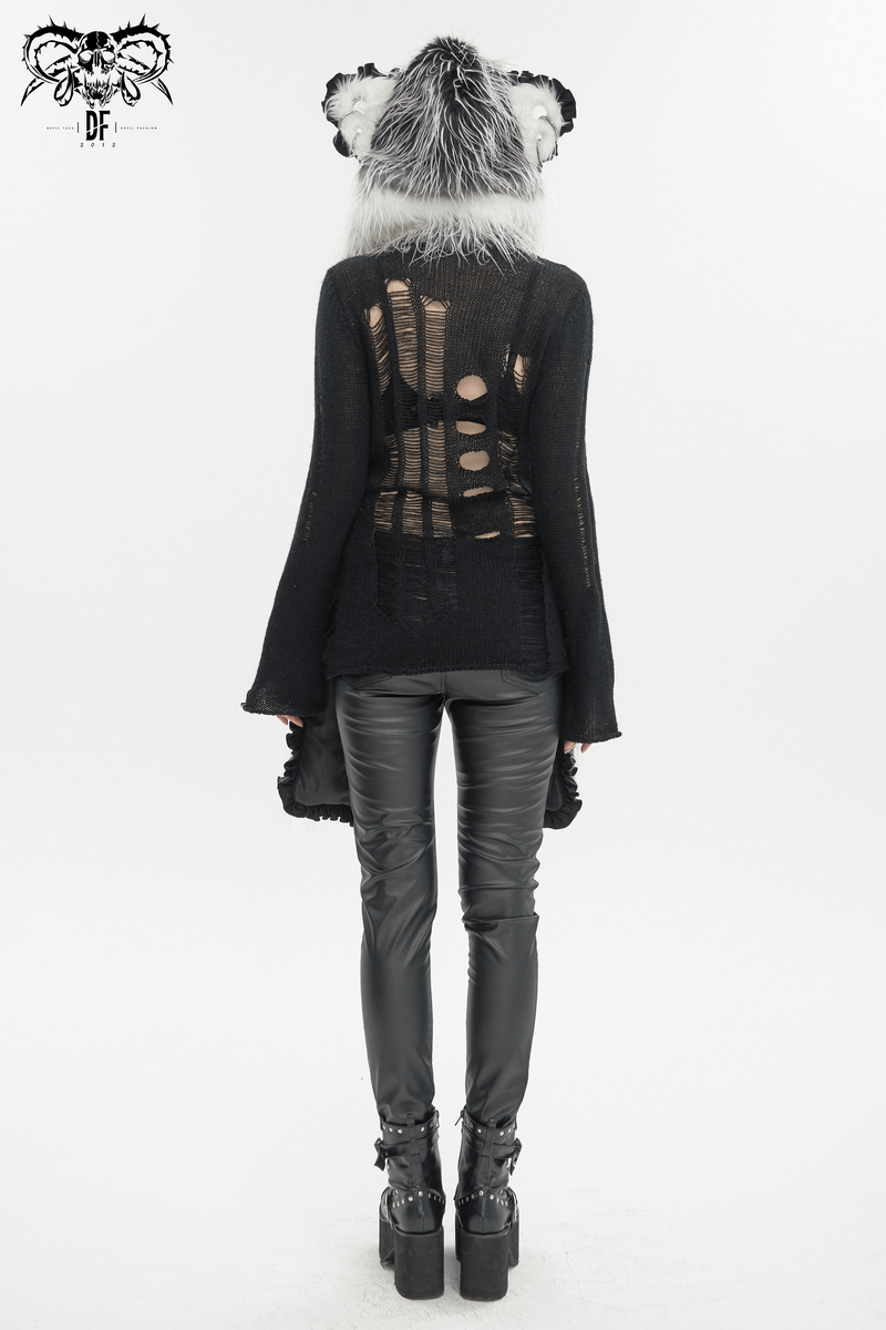 Cute Gray Animal Ear Flap Hat with Paws Gloves / Warm Faux Fur Hood with Rivets