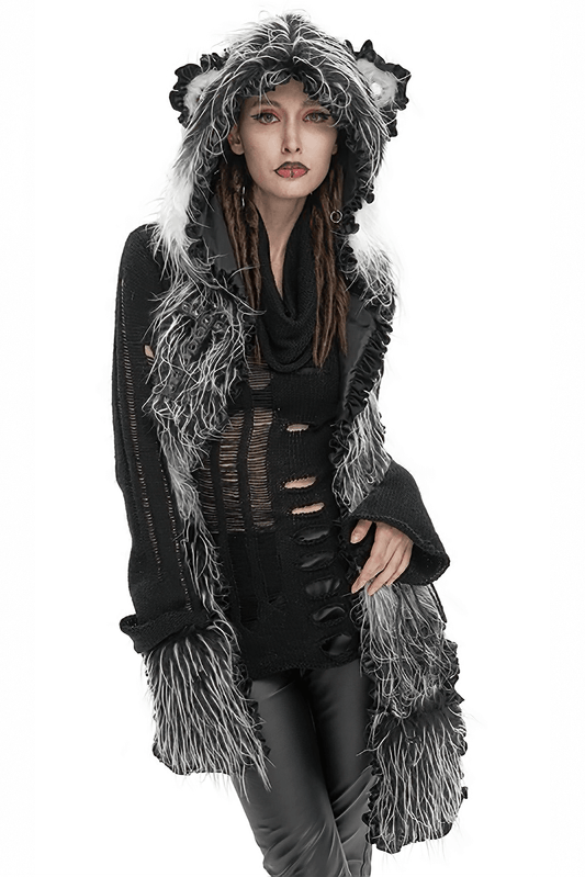 Cute Gray Animal Ear Flap Hat with Paws Gloves / Warm Faux Fur Hood with Rivets