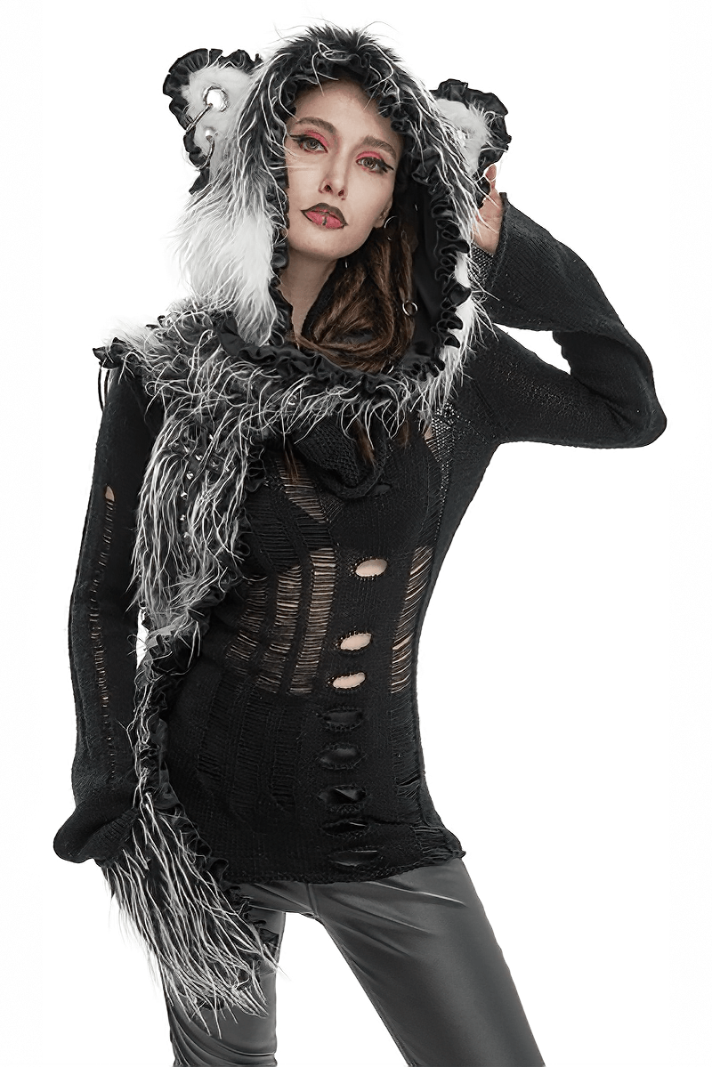 Cute Gray Animal Ear Flap Hat with Paws Gloves / Warm Faux Fur Hood with Rivets