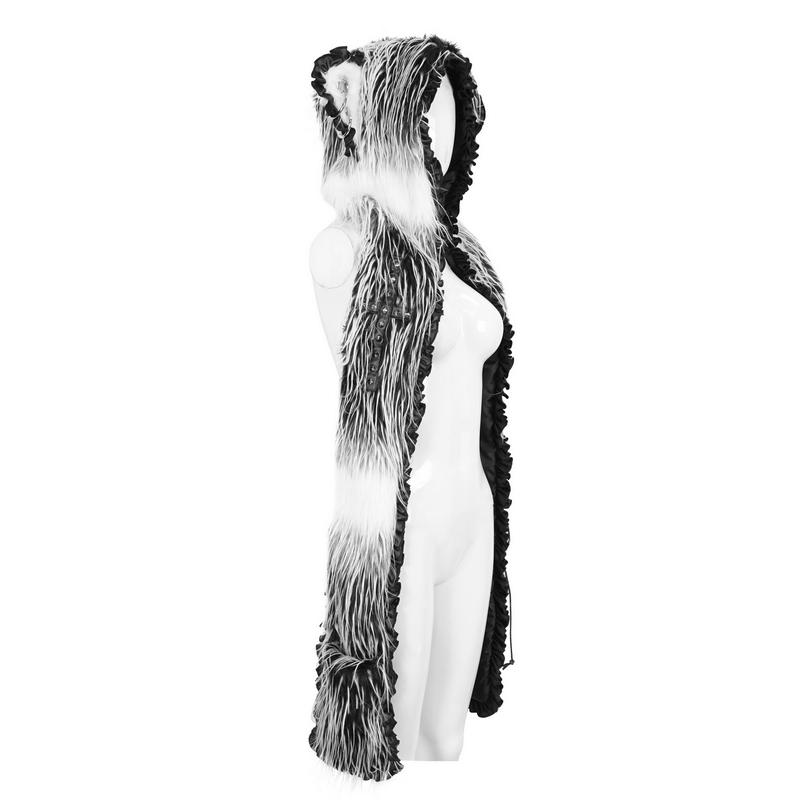 Cute Gray Animal Ear Flap Hat with Paws Gloves / Warm Faux Fur Hood with Rivets