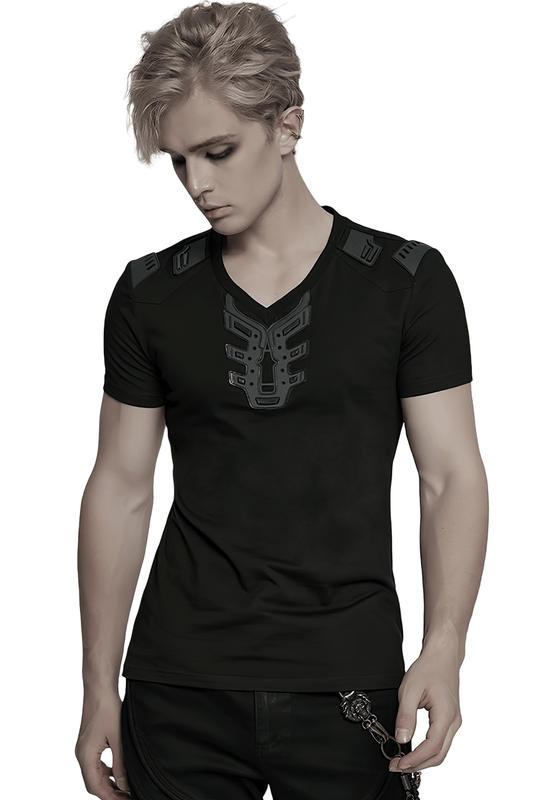 Cyberpunk 3D Rubber Patch T-shirt with V-shaped Shoulders