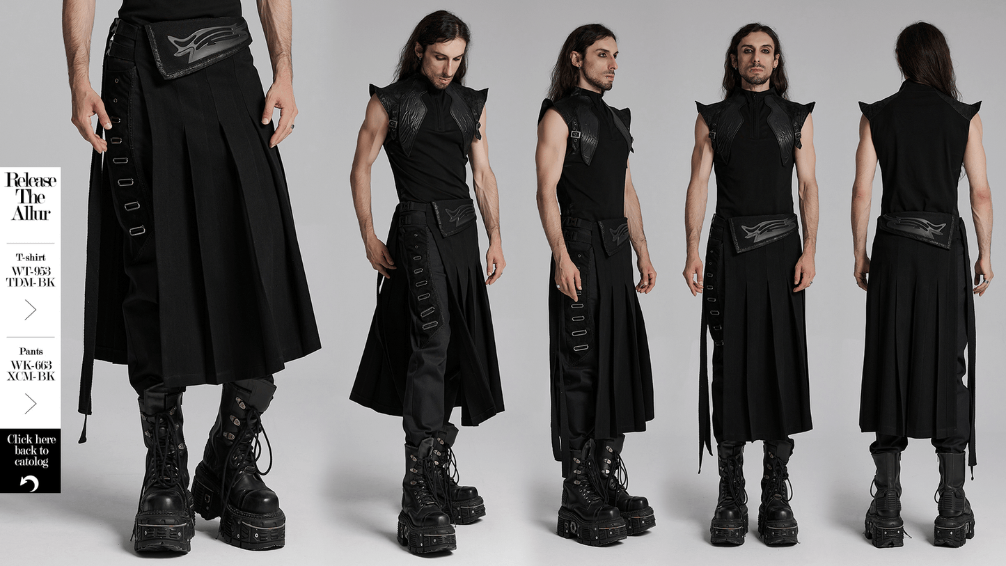 Cyberpunk Black Men's Pleated Half Skirt with Buckles