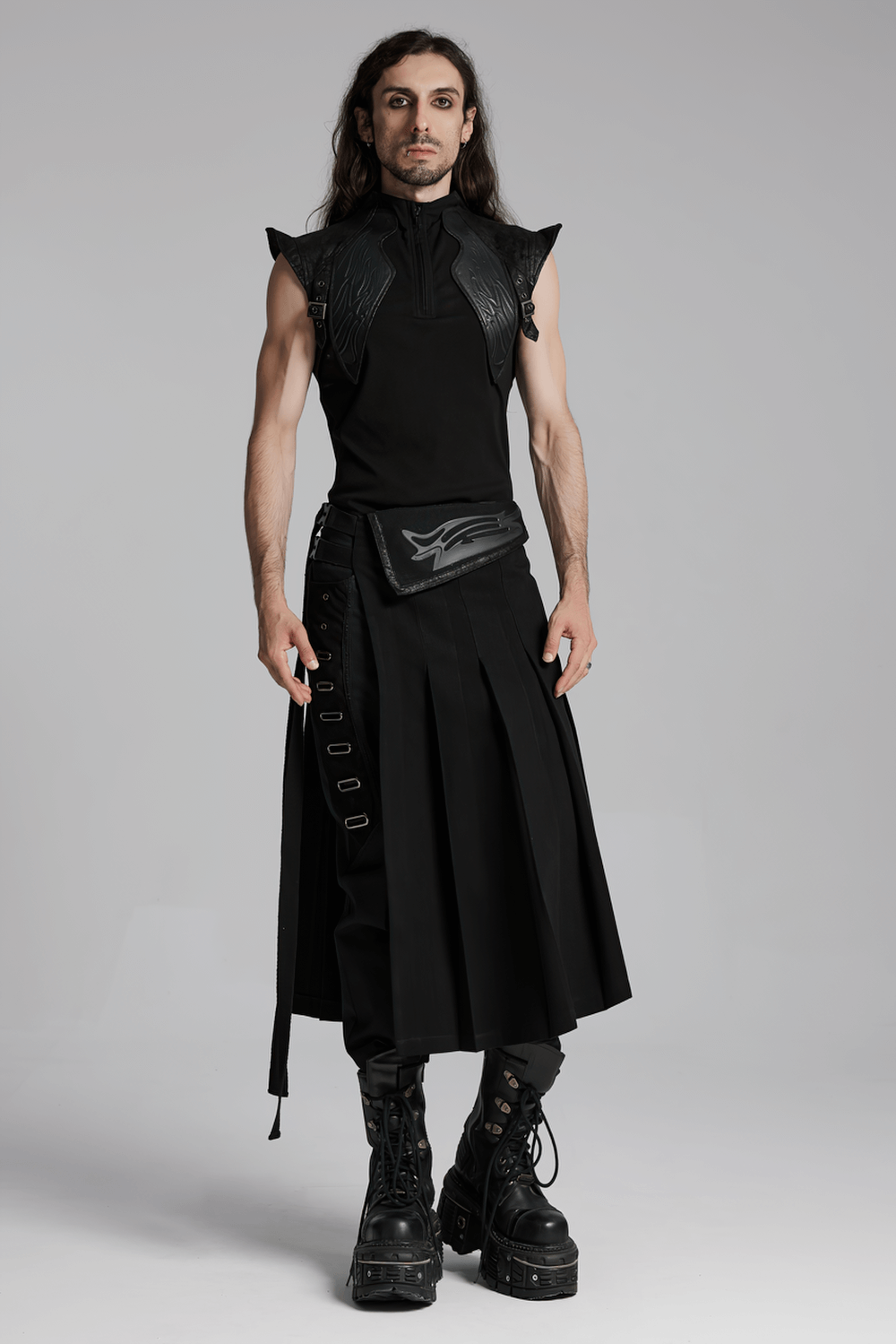 Cyberpunk Black Men's Pleated Half Skirt with Buckles