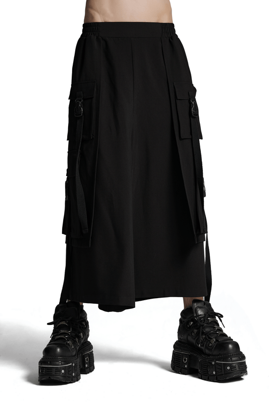 Cyberpunk Black Wide-Leg Pants with Elastic Waistband