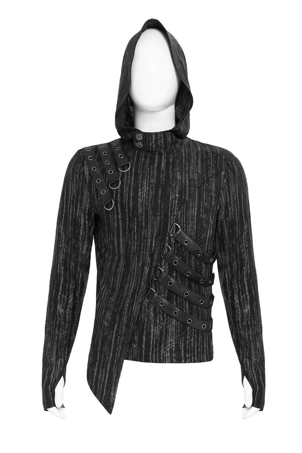 Cyberpunk Hooded Top with Straps and Asymmetric Hem