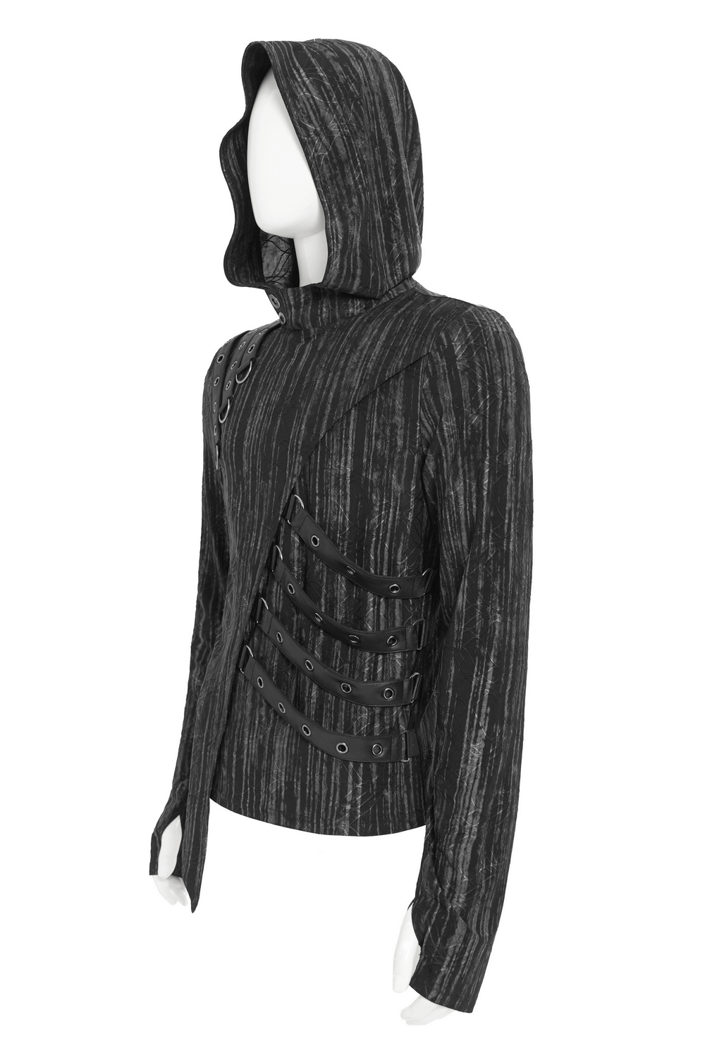 Cyberpunk Hooded Top with Straps and Asymmetric Hem