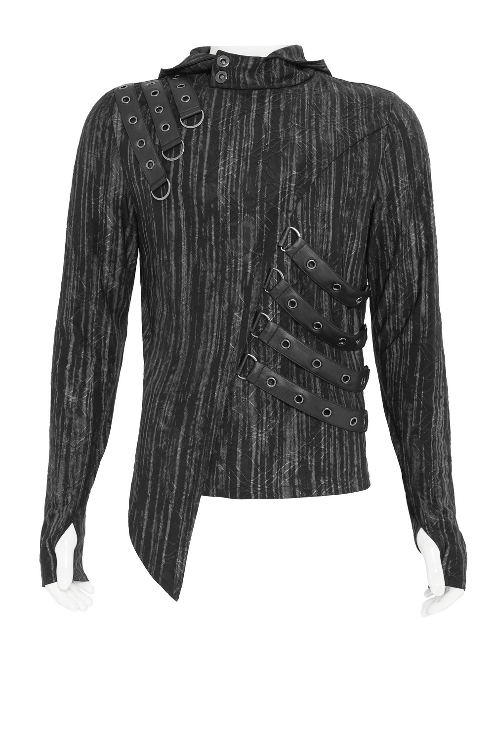 Cyberpunk Hooded Top with Straps and Asymmetric Hem