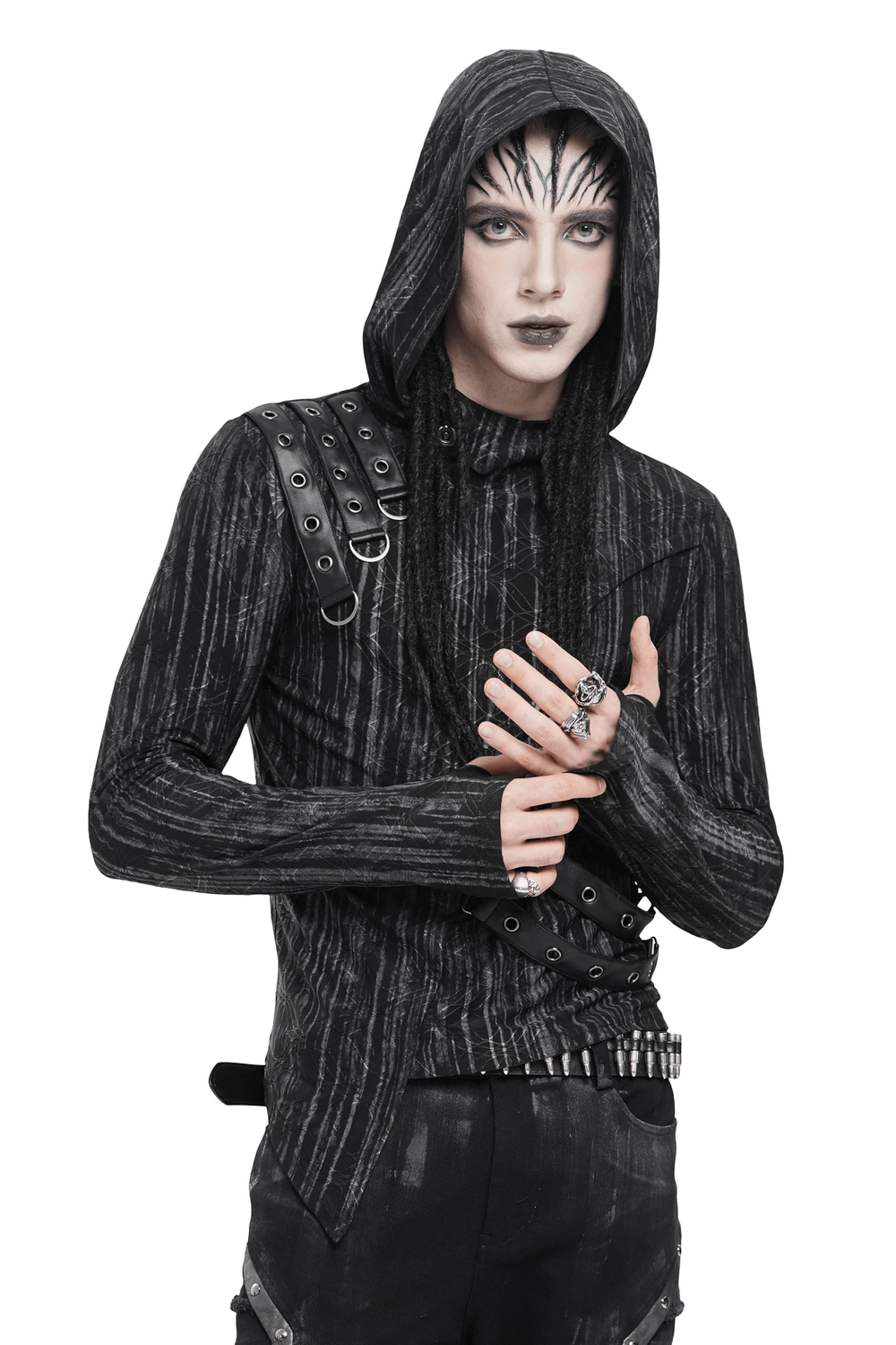 Cyberpunk Hooded Top with Straps and Asymmetric Hem