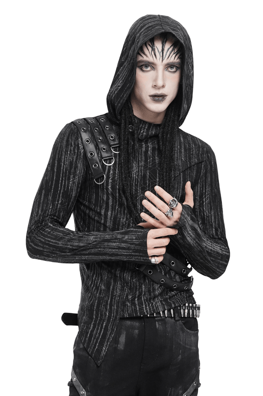 Cyberpunk Hooded Top with Straps and Asymmetric Hem