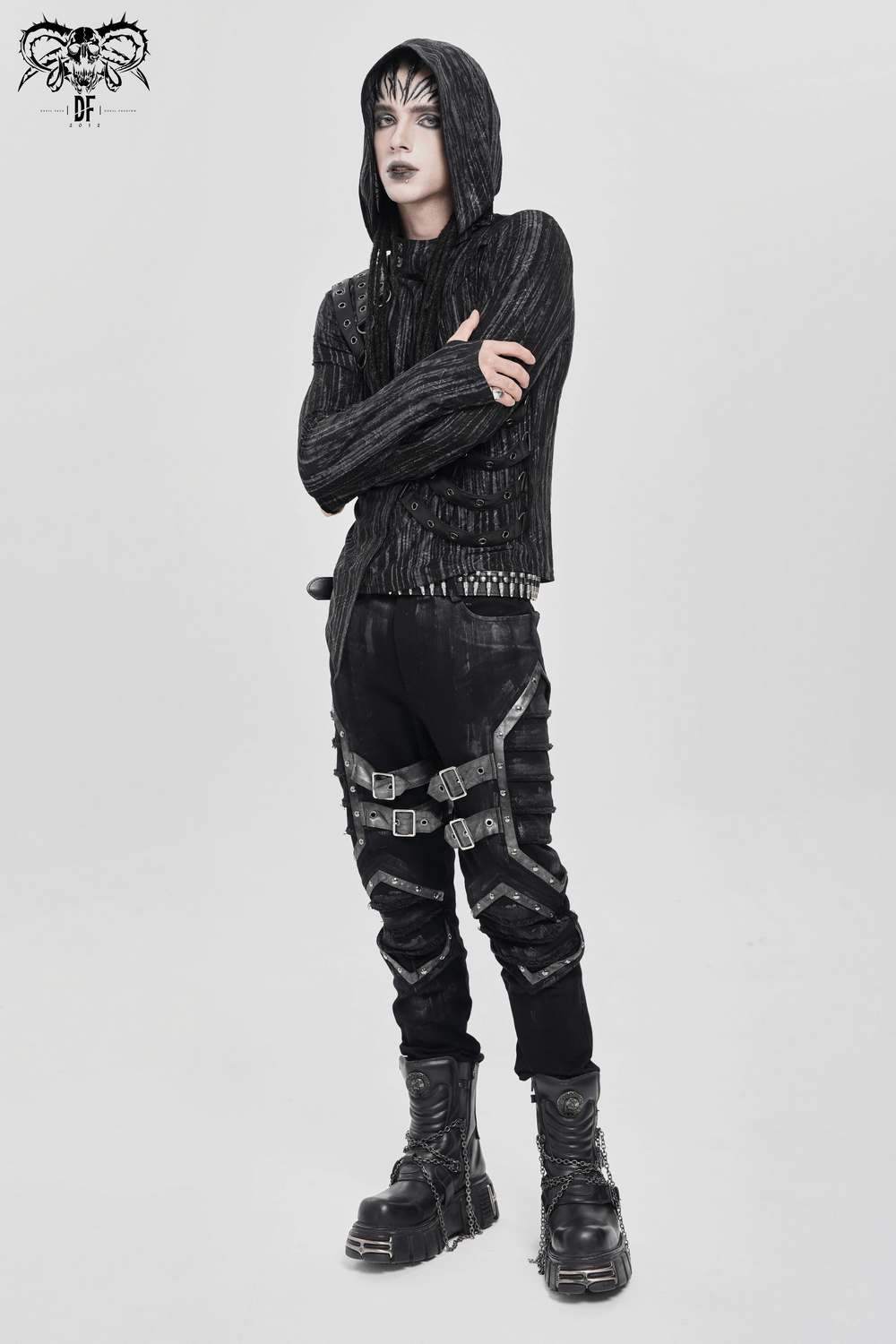 Cyberpunk Hooded Top with Straps and Asymmetric Hem