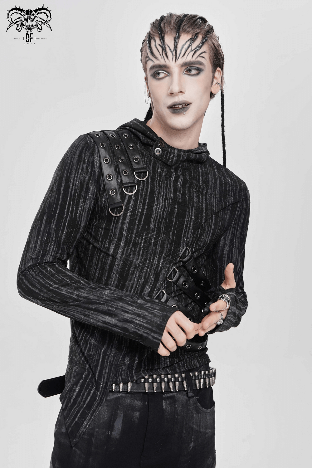 Cyberpunk Hooded Top with Straps and Asymmetric Hem