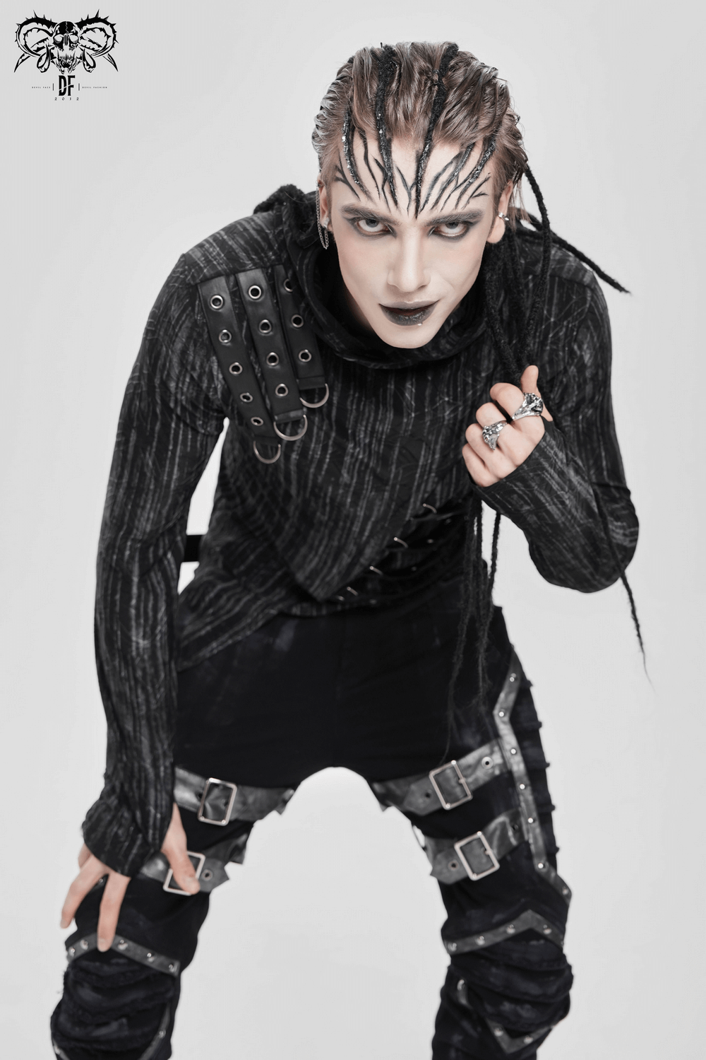 Cyberpunk Hooded Top with Straps and Asymmetric Hem