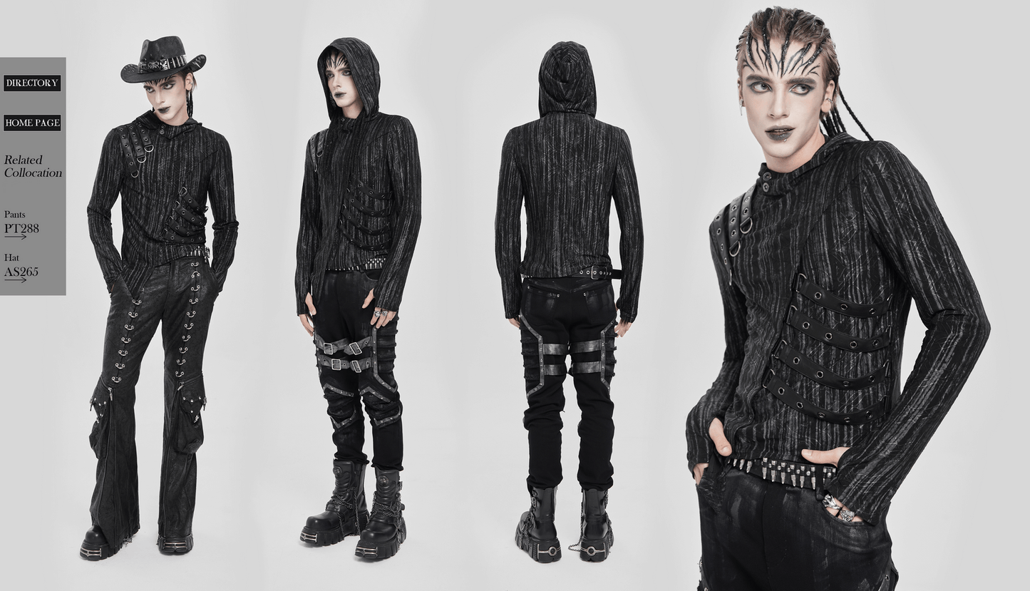 Cyberpunk Hooded Top with Straps and Asymmetric Hem