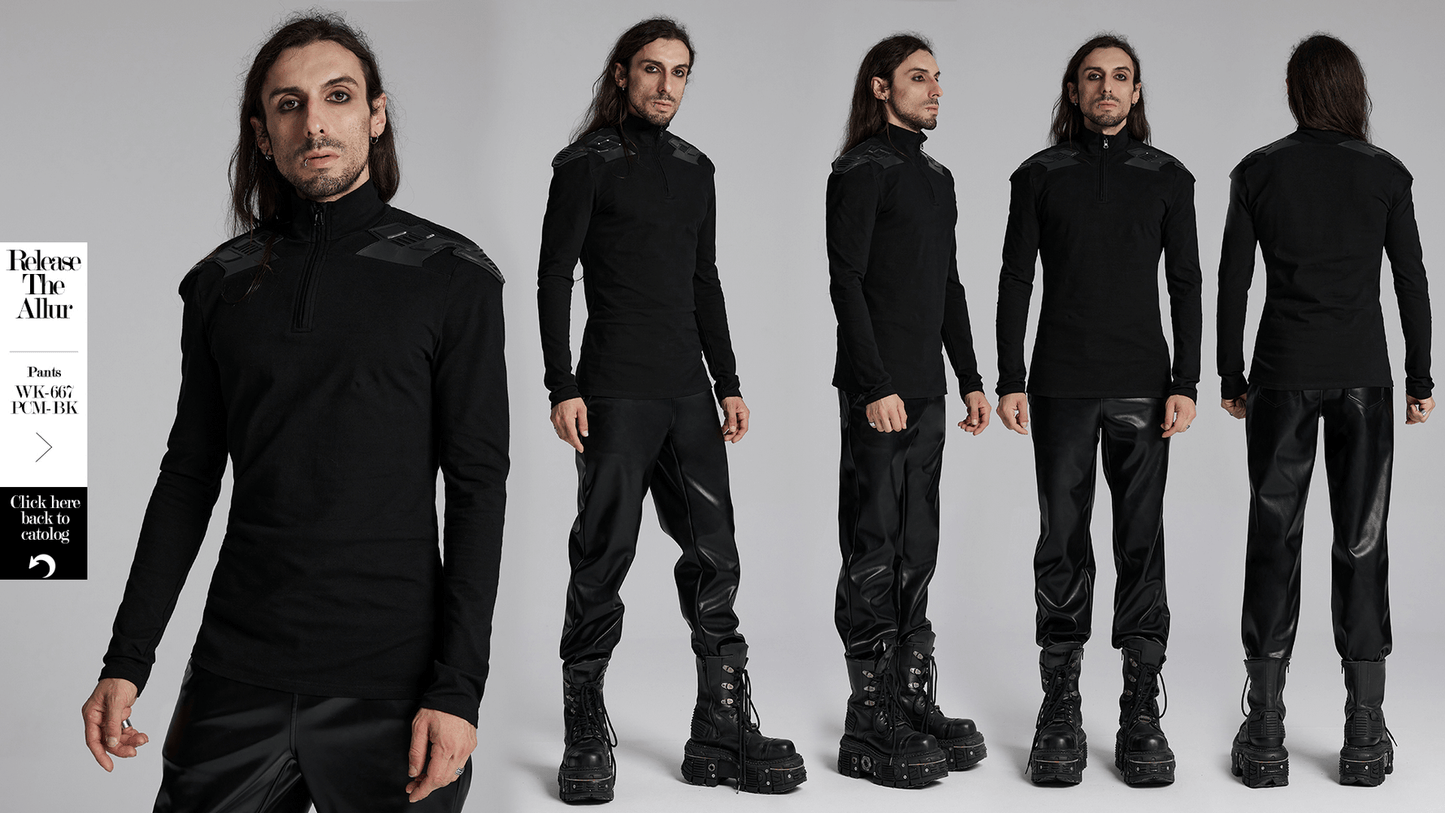 Cyberpunk Male Top with Shoulder Patches and Zipper