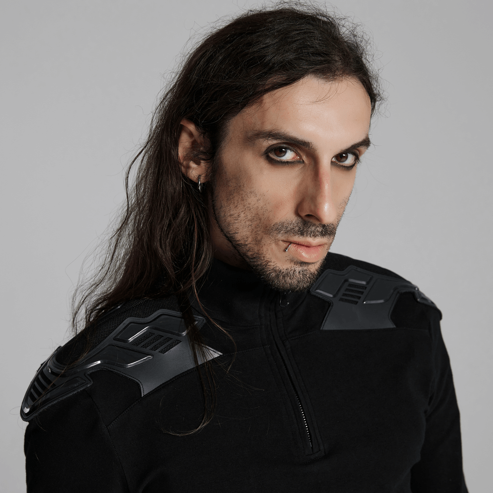 Cyberpunk Male Top with Shoulder Patches and Zipper