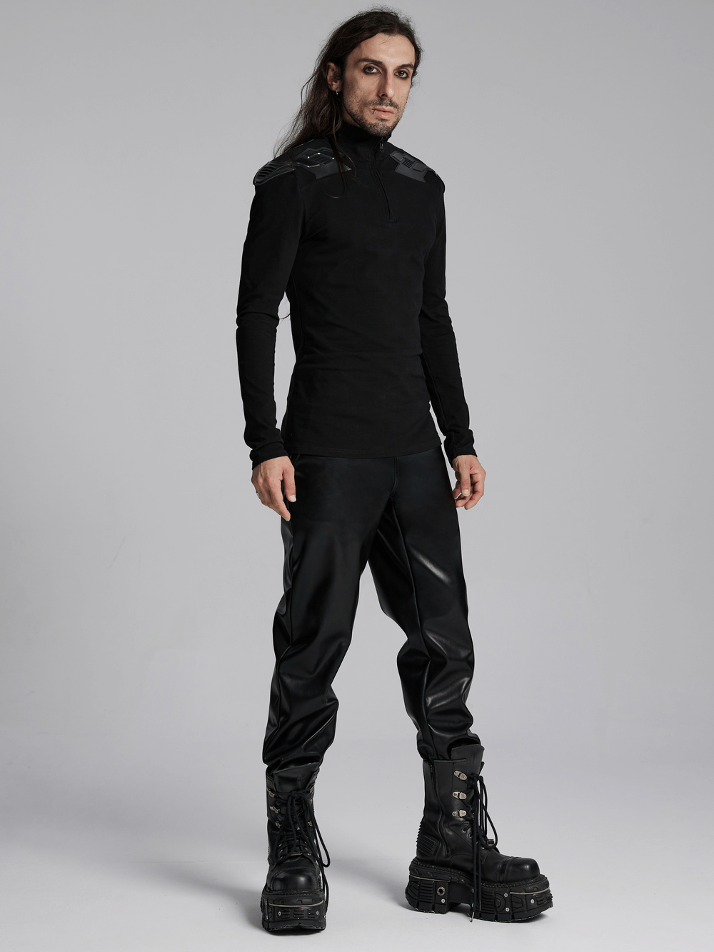 Cyberpunk Male Top with Shoulder Patches and Zipper