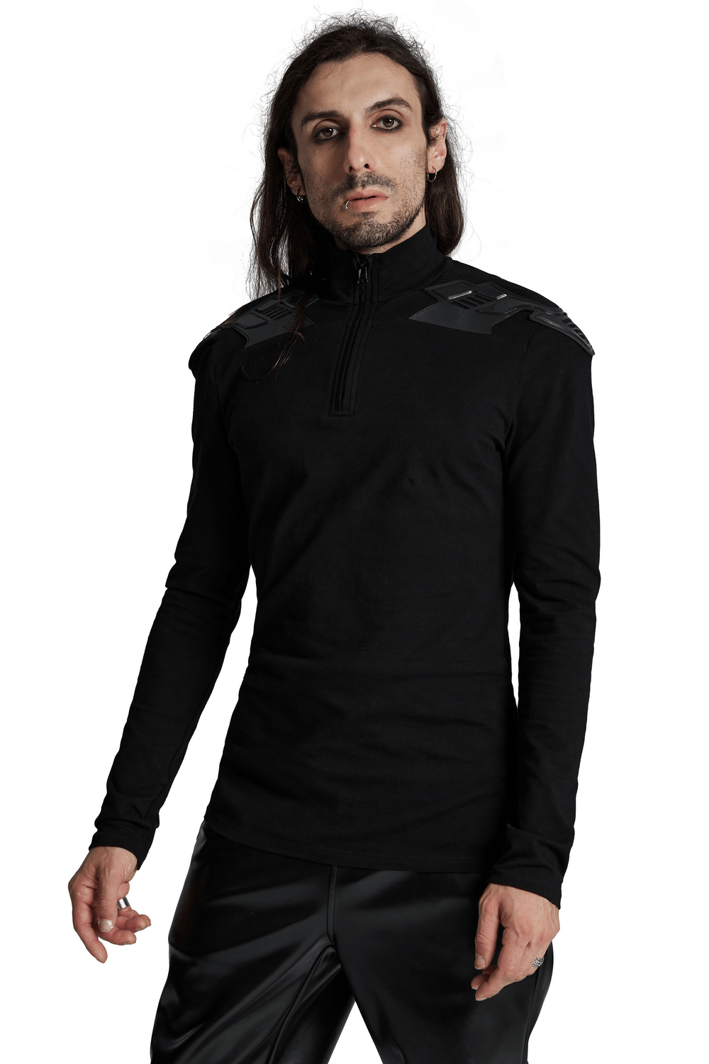 Cyberpunk Male Top with Shoulder Patches and Zipper