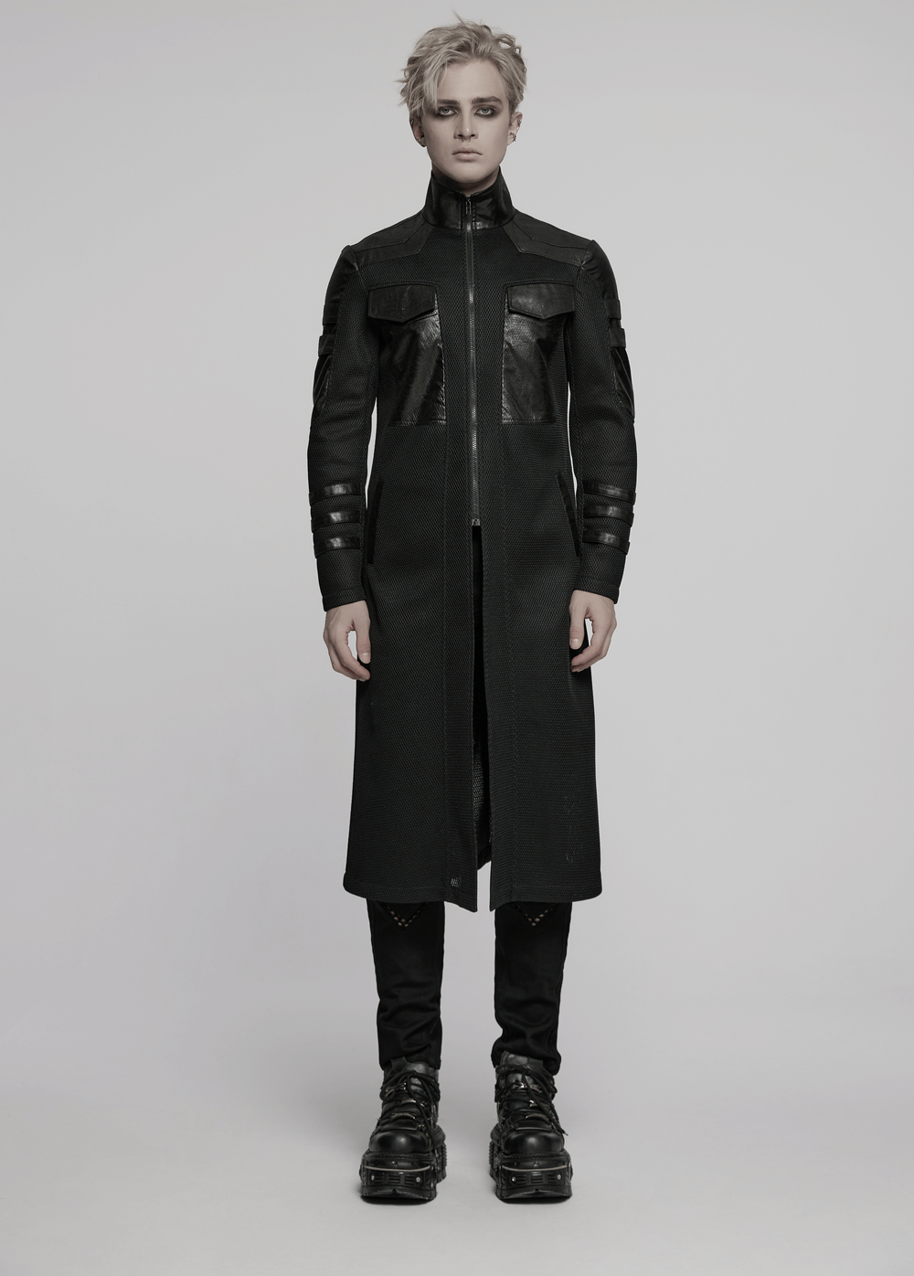 Cyberpunk Mesh and Twill Woven Coat with Decorative Straps