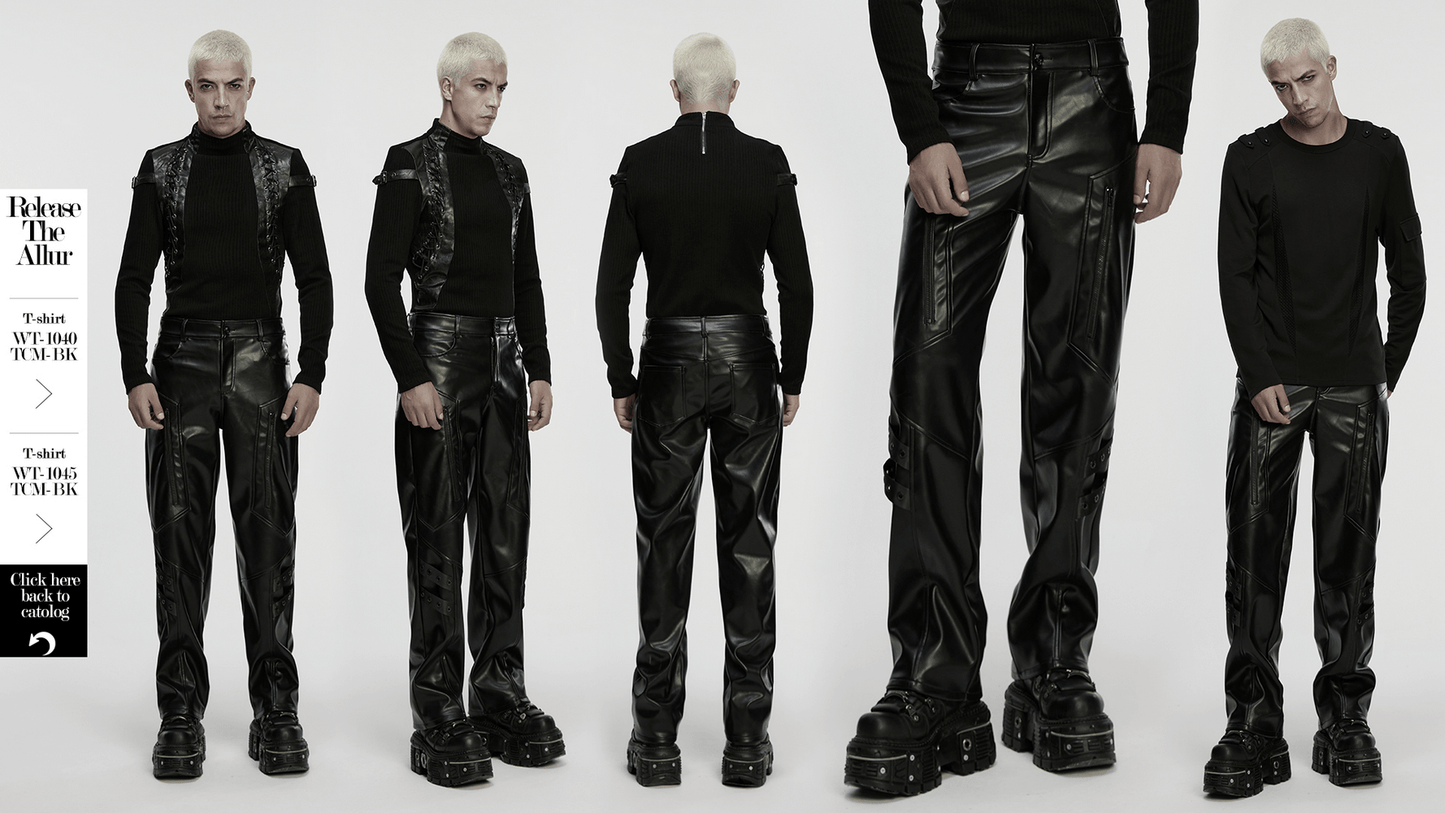 Cyberpunk Straight Black Faux Leather Pants with Zippers