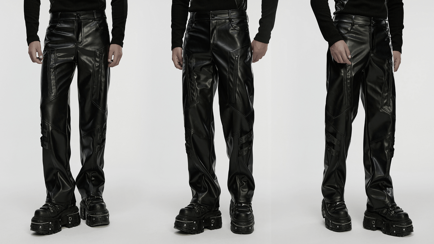 Cyberpunk Straight Black Faux Leather Pants with Zippers