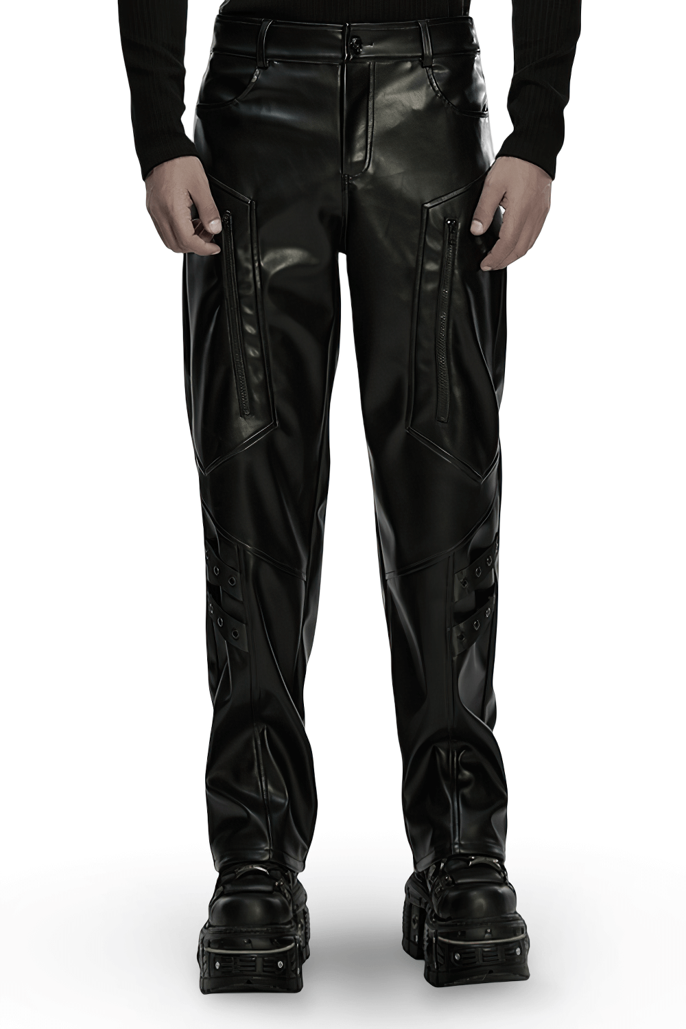 Cyberpunk Straight Black Faux Leather Pants with Zippers