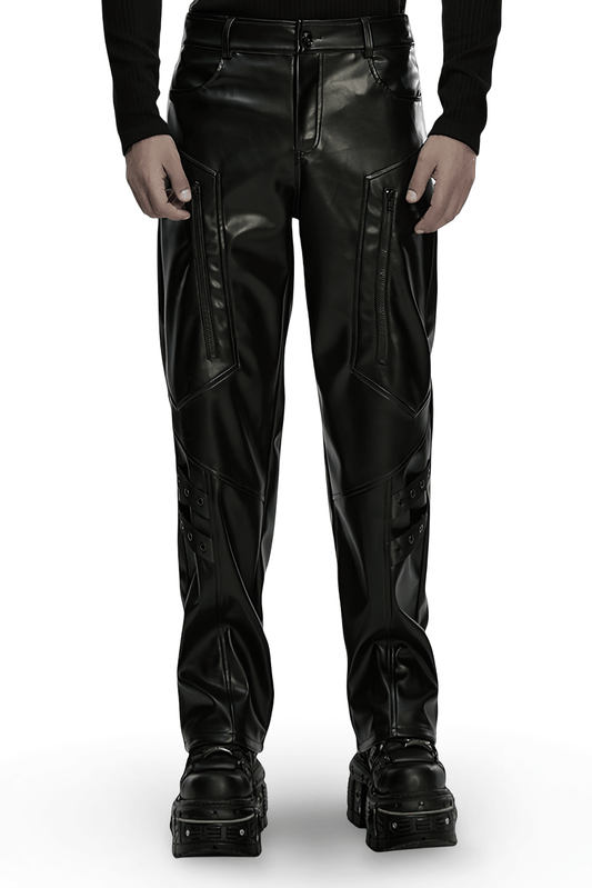 Cyberpunk Straight Black Faux Leather Pants with Zippers