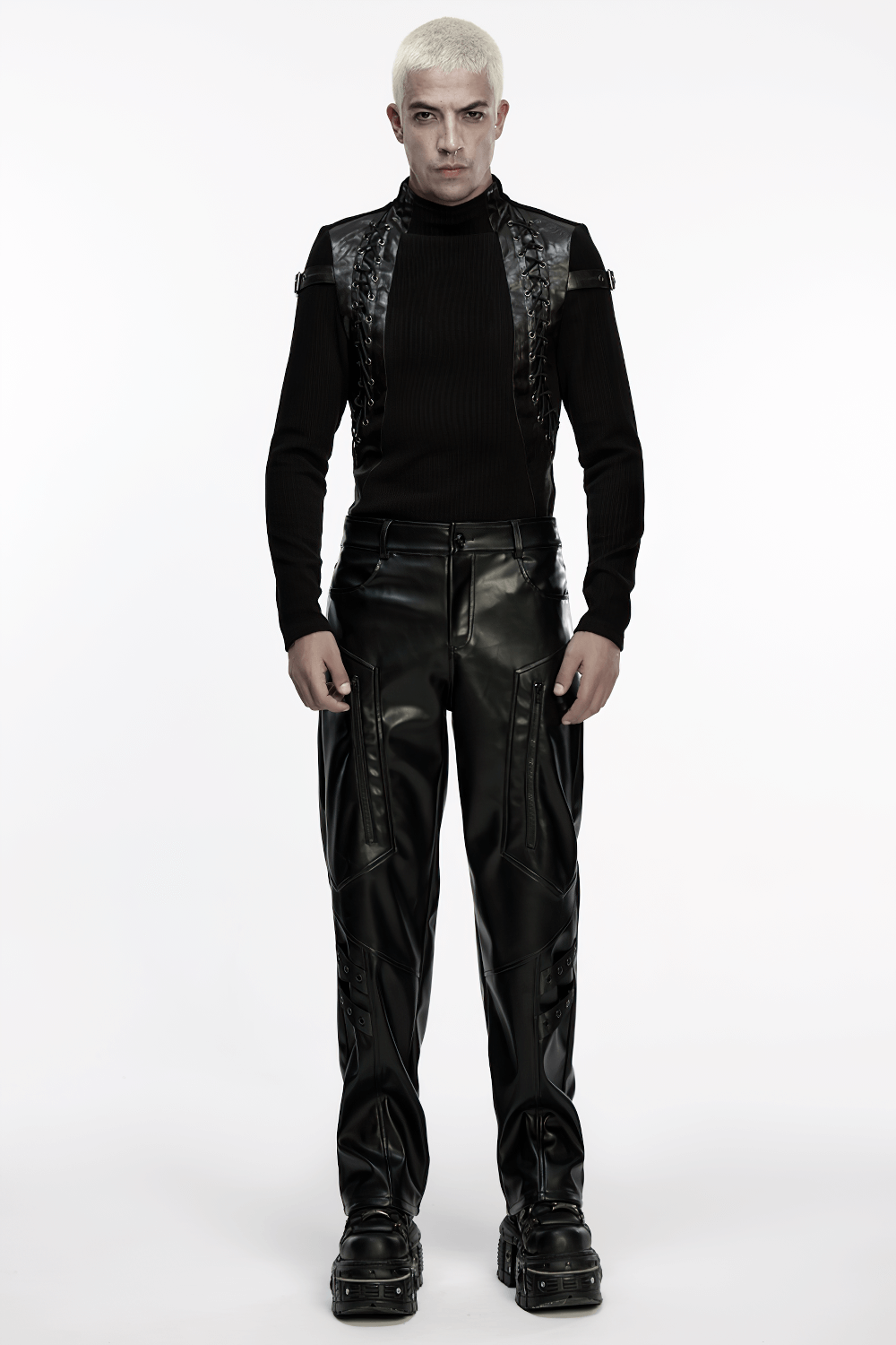 Cyberpunk Straight Black Faux Leather Pants with Zippers