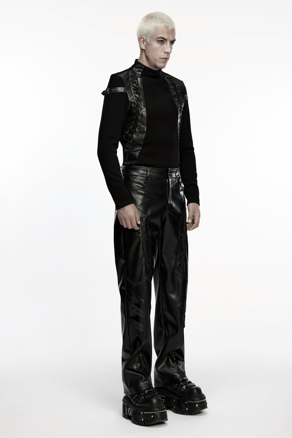 Cyberpunk Straight Black Faux Leather Pants with Zippers