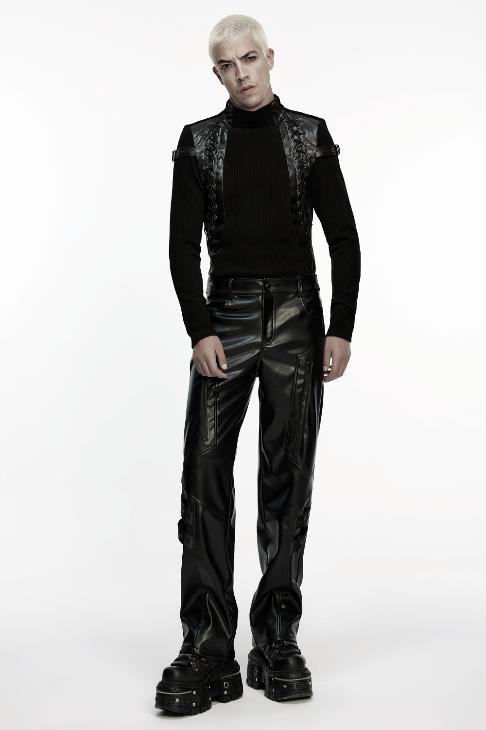Cyberpunk Straight Black Faux Leather Pants with Zippers