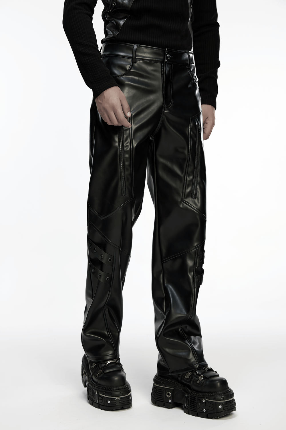 Cyberpunk Straight Black Faux Leather Pants with Zippers