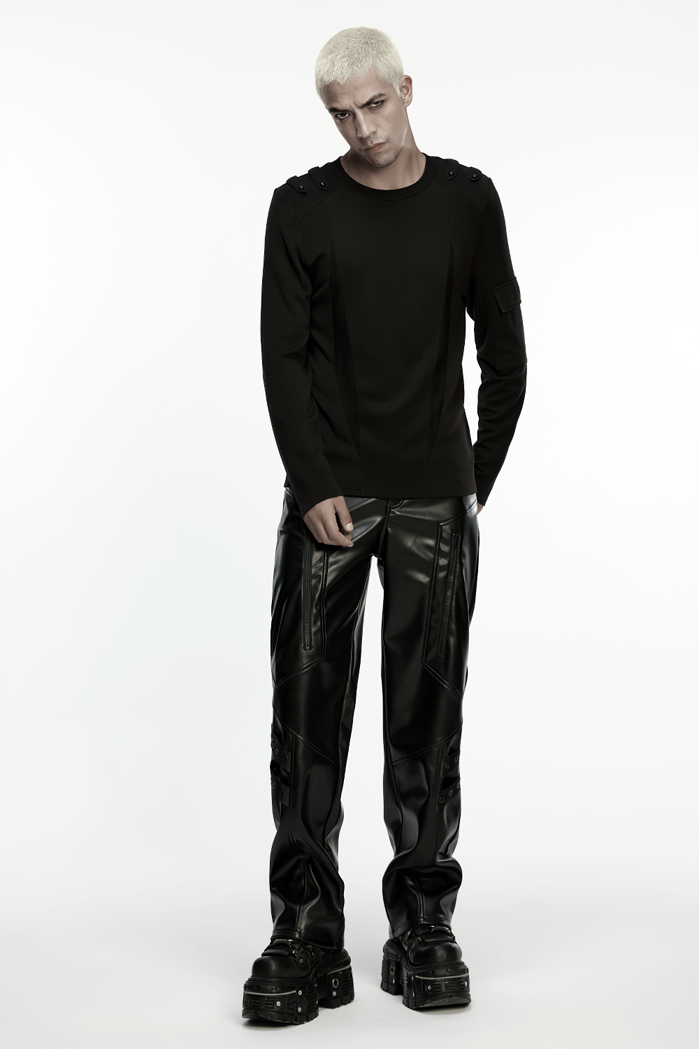 Cyberpunk Straight Black Faux Leather Pants with Zippers