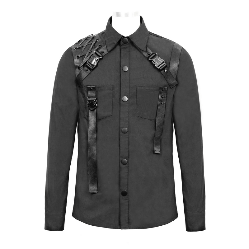 Cyberpunk Style Mens Long Sleeve Shirt / Black Shirt with Straps
