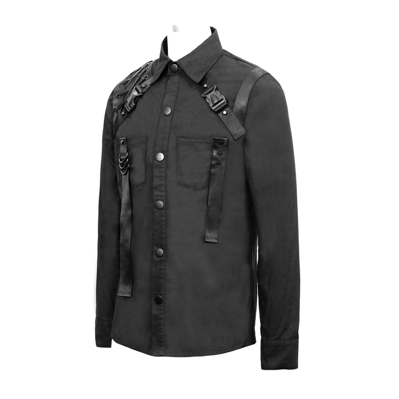 Cyberpunk Style Mens Long Sleeve Shirt / Black Shirt with Straps