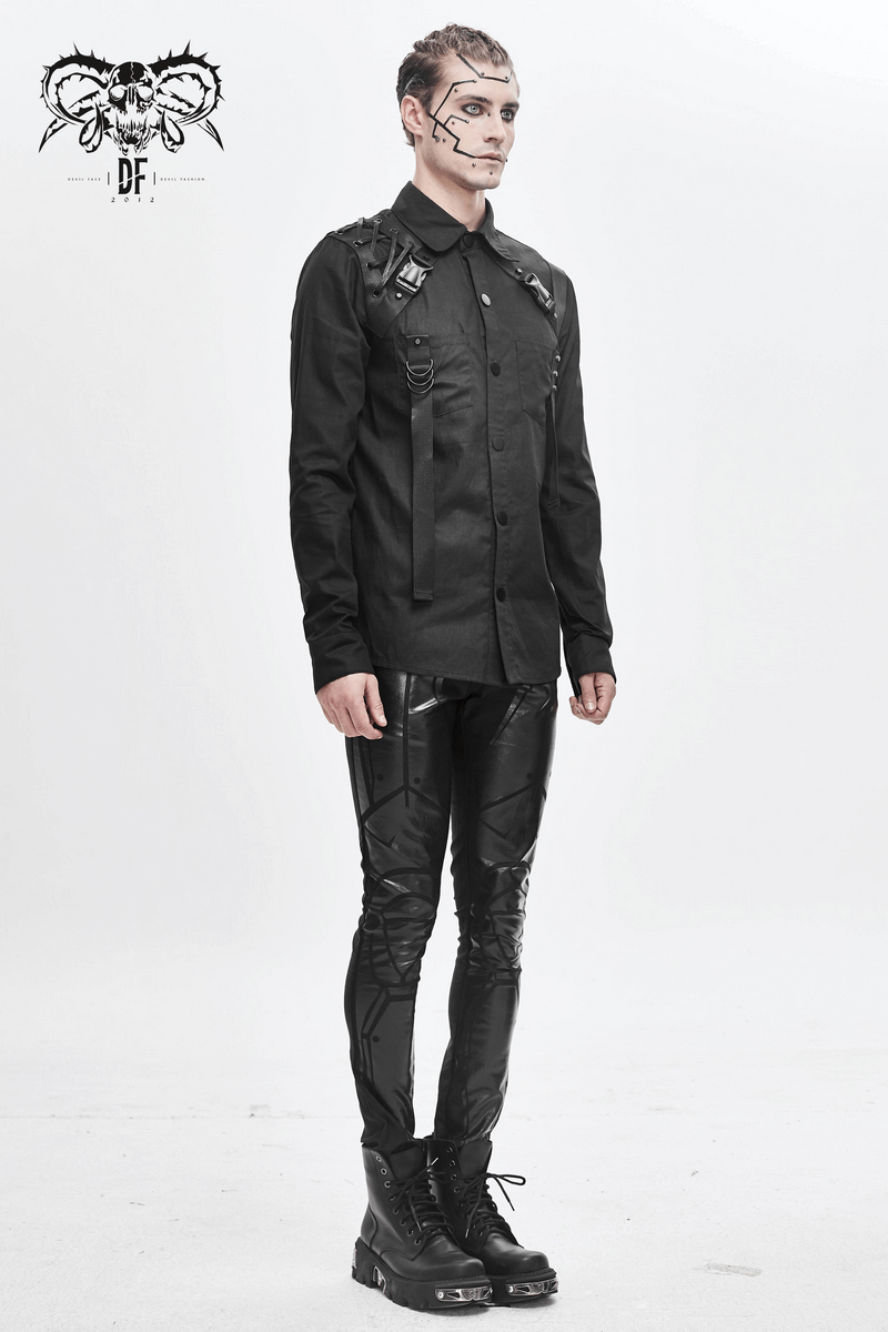 Cyberpunk Style Mens Long Sleeve Shirt / Black Shirt with Straps