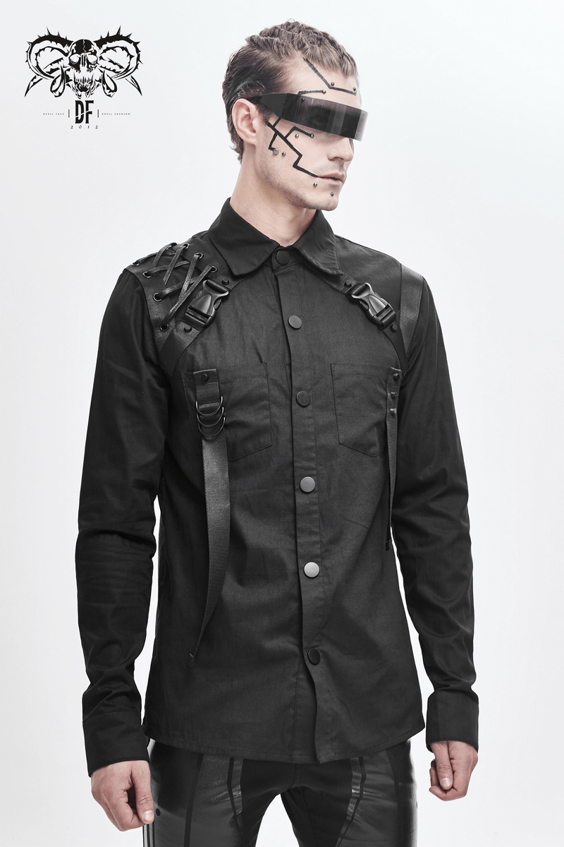 Cyberpunk Style Mens Long Sleeve Shirt / Black Shirt with Straps