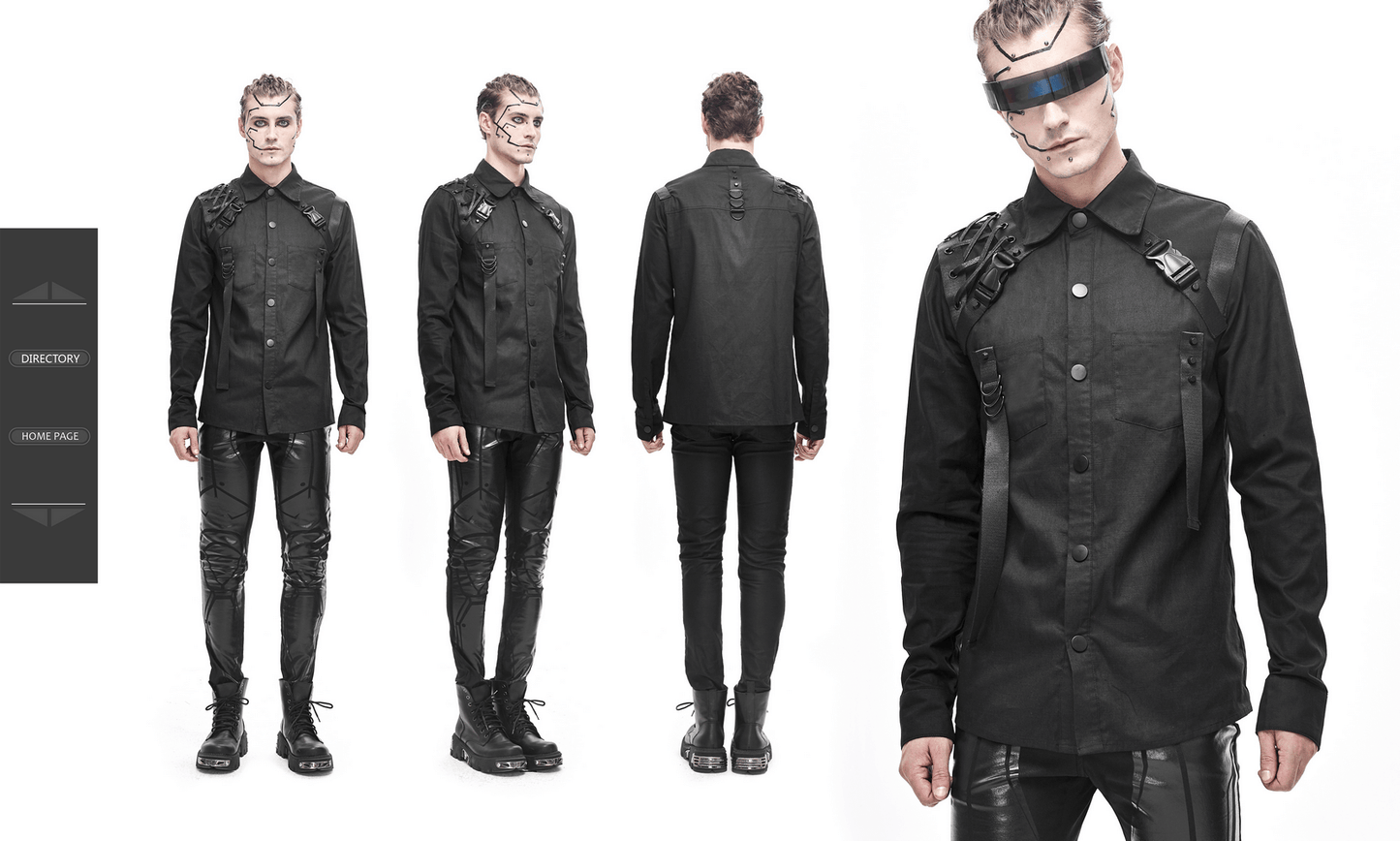 Cyberpunk Style Mens Long Sleeve Shirt / Black Shirt with Straps