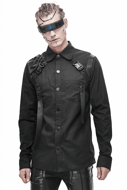 Cyberpunk Style Mens Long Sleeve Shirt / Black Shirt with Straps