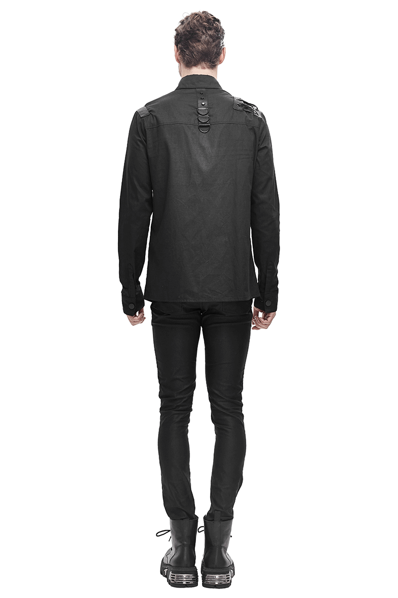 Cyberpunk Style Mens Long Sleeve Shirt / Black Shirt with Straps