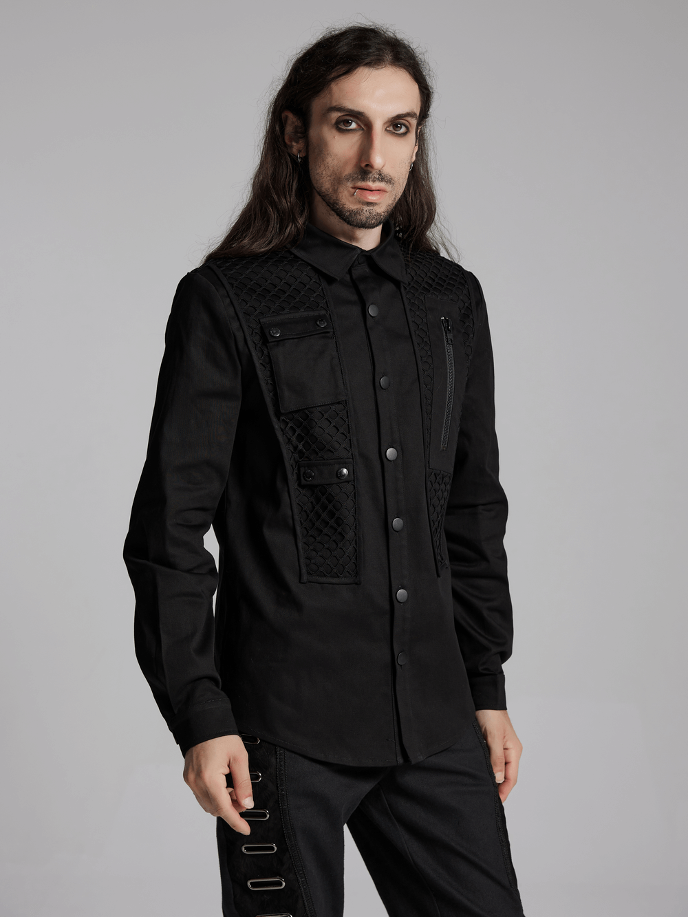 Cyberpunk Twill Shirt with Mesh Panels and 3D Pockets